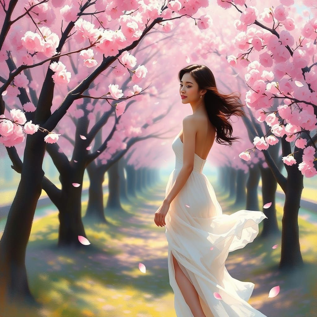 Asian Woman Amidst Swirling Cherry Blossoms in Monet Style
