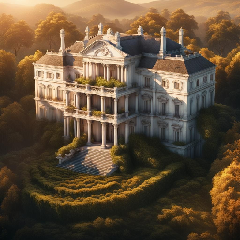 Majestic Abandoned Mansion in Golden Hour Light