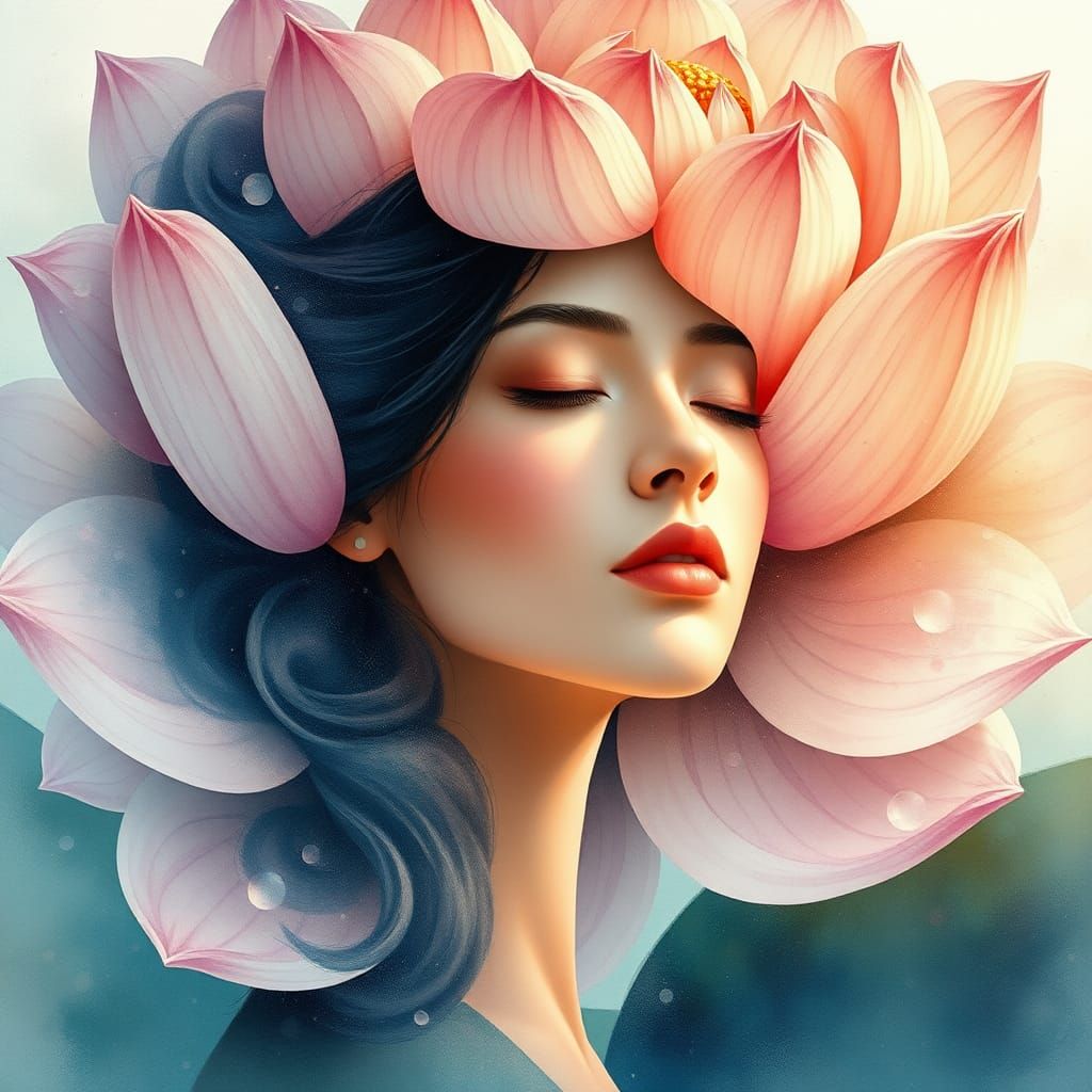 Woman Merging with Lotus Flower in Watercolor