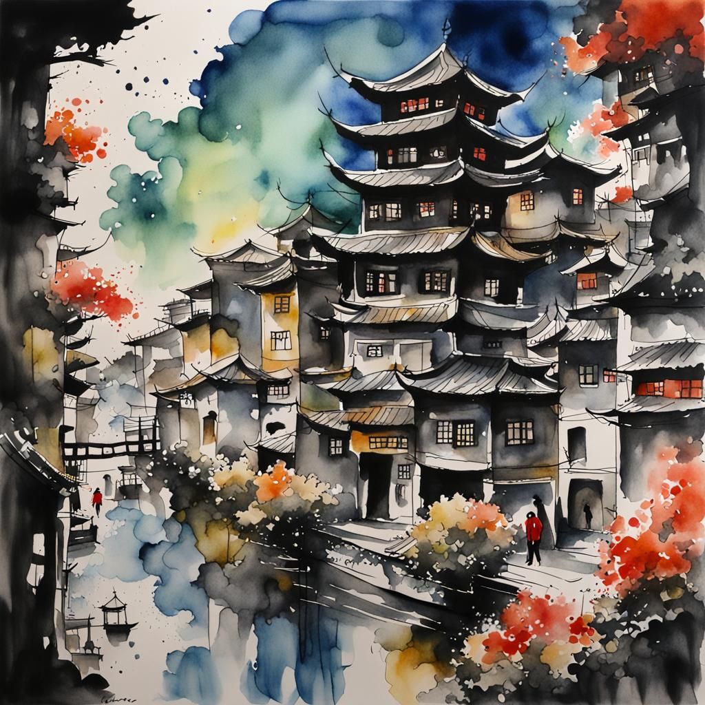Watercolor Oriental City Street Folk Art Painting
