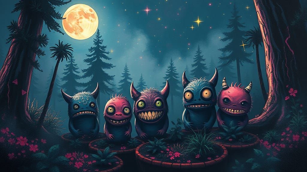 Monsters Peek from Foggy Woods in Graffiti Art Style