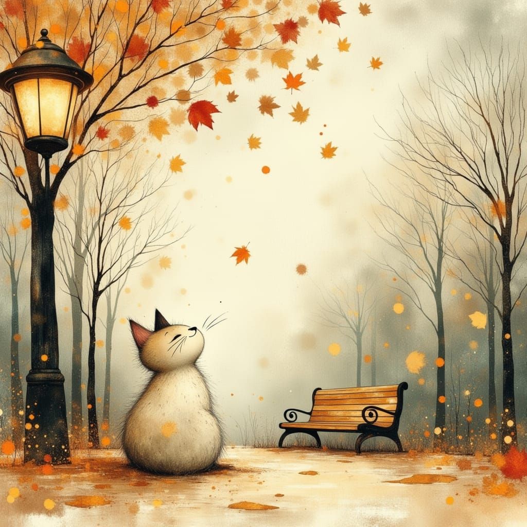 Whimsical Watercolor Cat Gazes at Sausages Under Lamplight