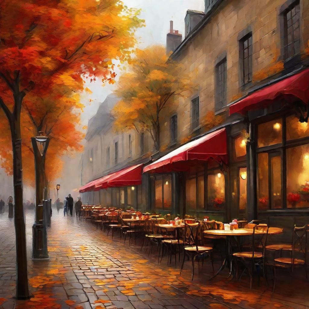 Cozy Café on Ancient Wall in Autumn Rain