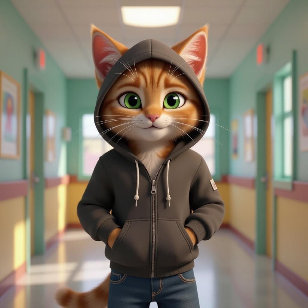 Anthropomorphic Kitten in School Hallway, Pixar Style