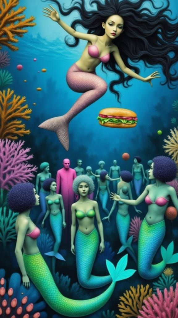 Mermaids Hidden from Divers in Surreal Coral Reef Collage