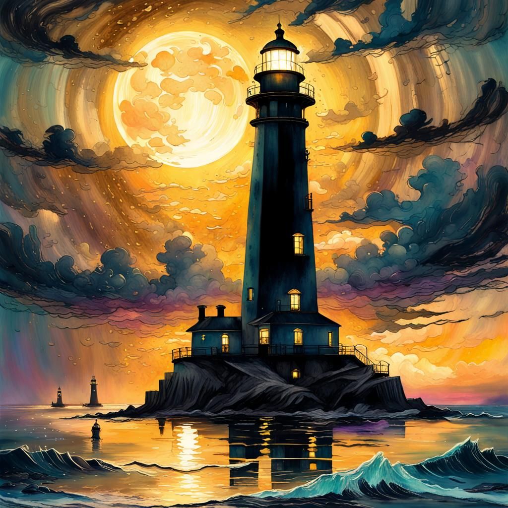 Gold Sunset Lighthouse Seascape in Watercolor Style