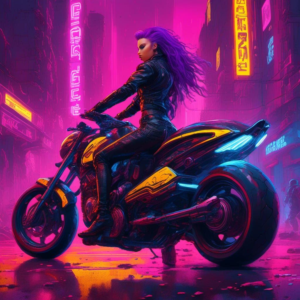 Cyberpunk Rebel Girl with Purple Hair and Yellow Eyes