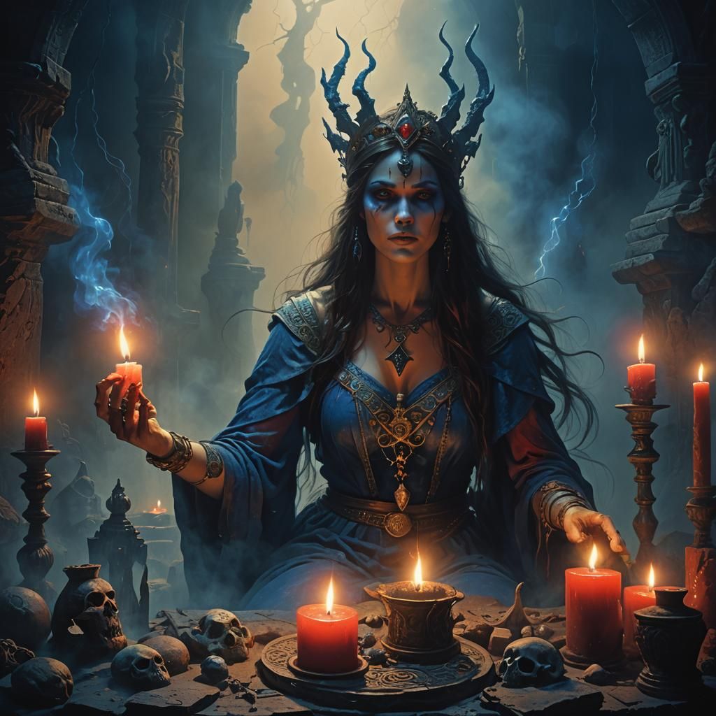 Evil Enchantress Casting Spell in Dark Fantasy Art
