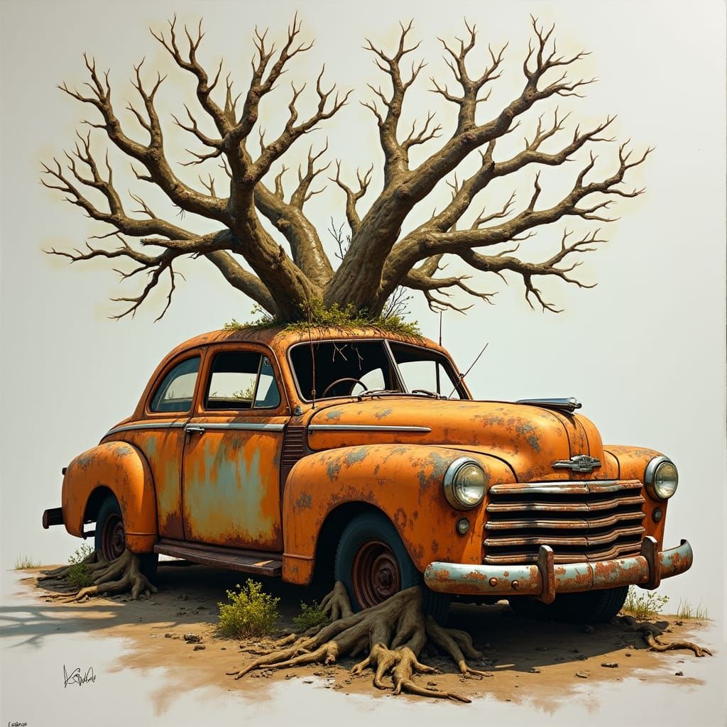 Nature Reclaims a Vintage Automobile as Impasto Painting