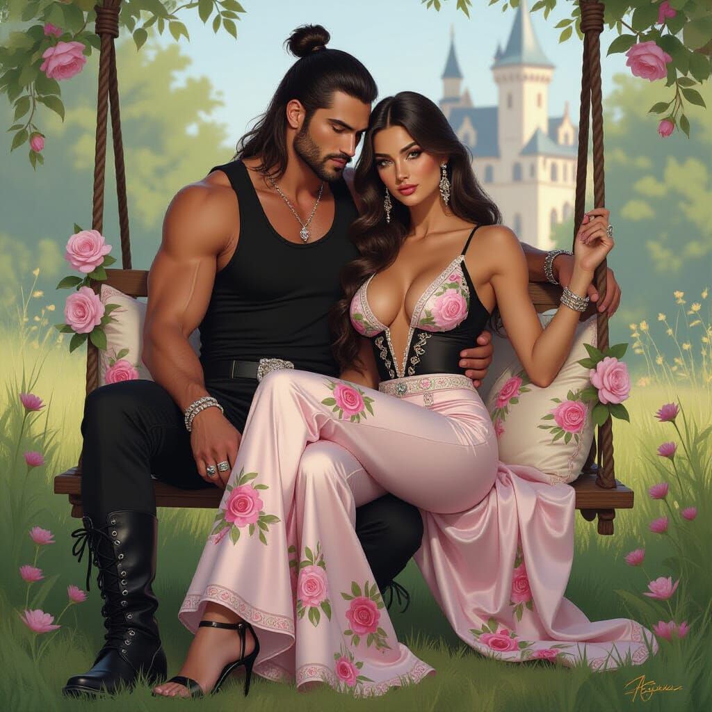 Romantic Couple on Swing in Art Nouveau Style