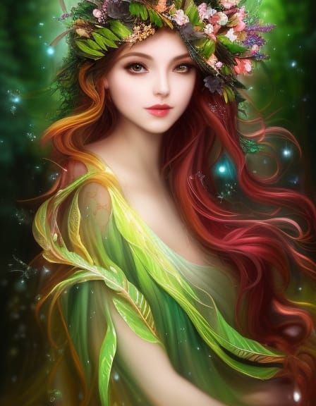 Beautiful Dryad with Maple Tree in Watercolor Style