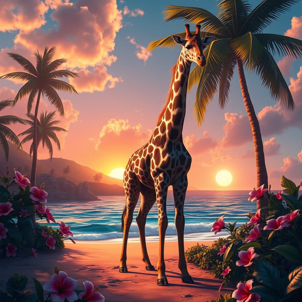 Majestic Giraffe at Sunset on Hawaiian Beach
