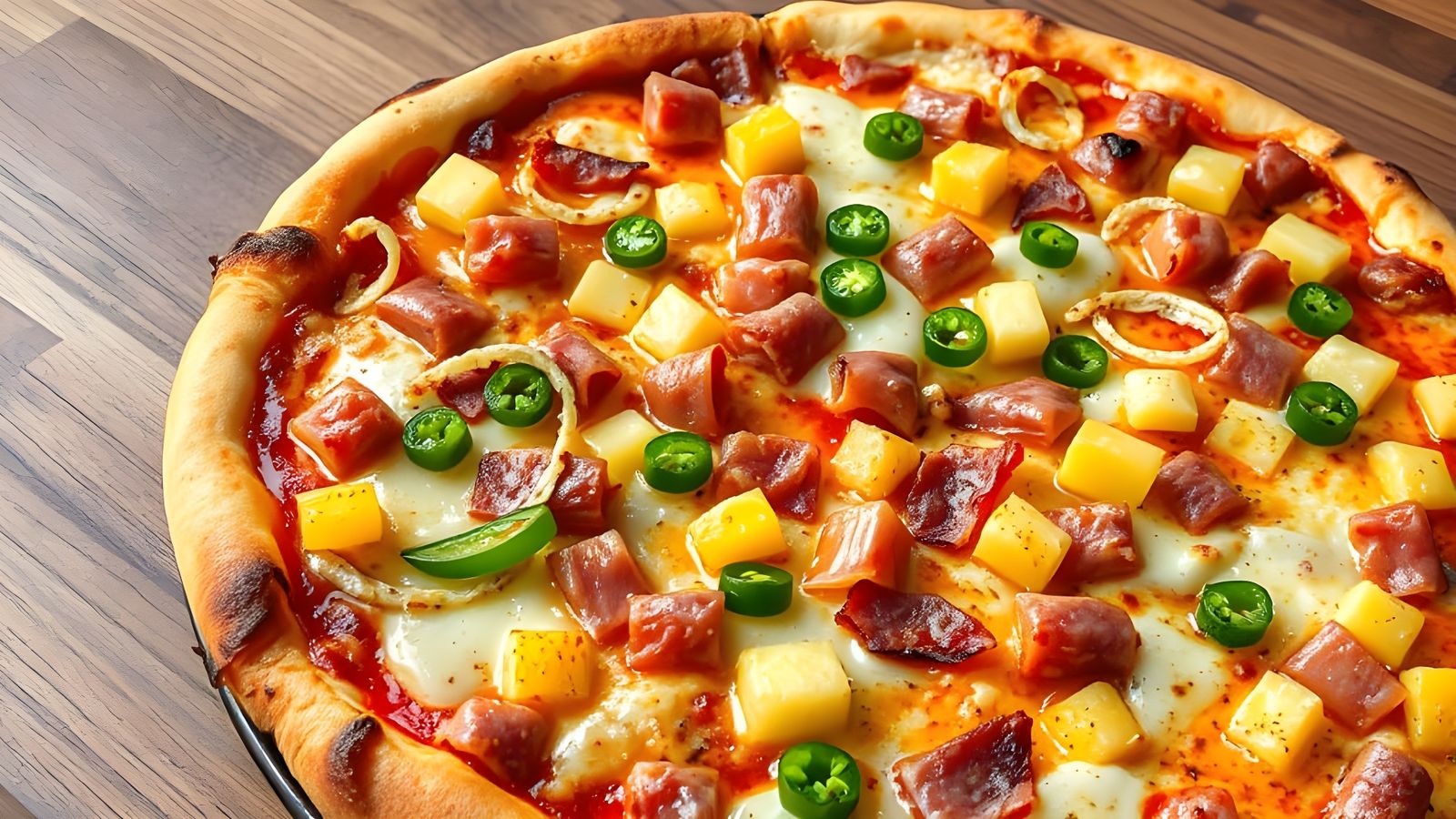 Mouthwatering Pizza Topped with Ham, Pineapple and Peppers