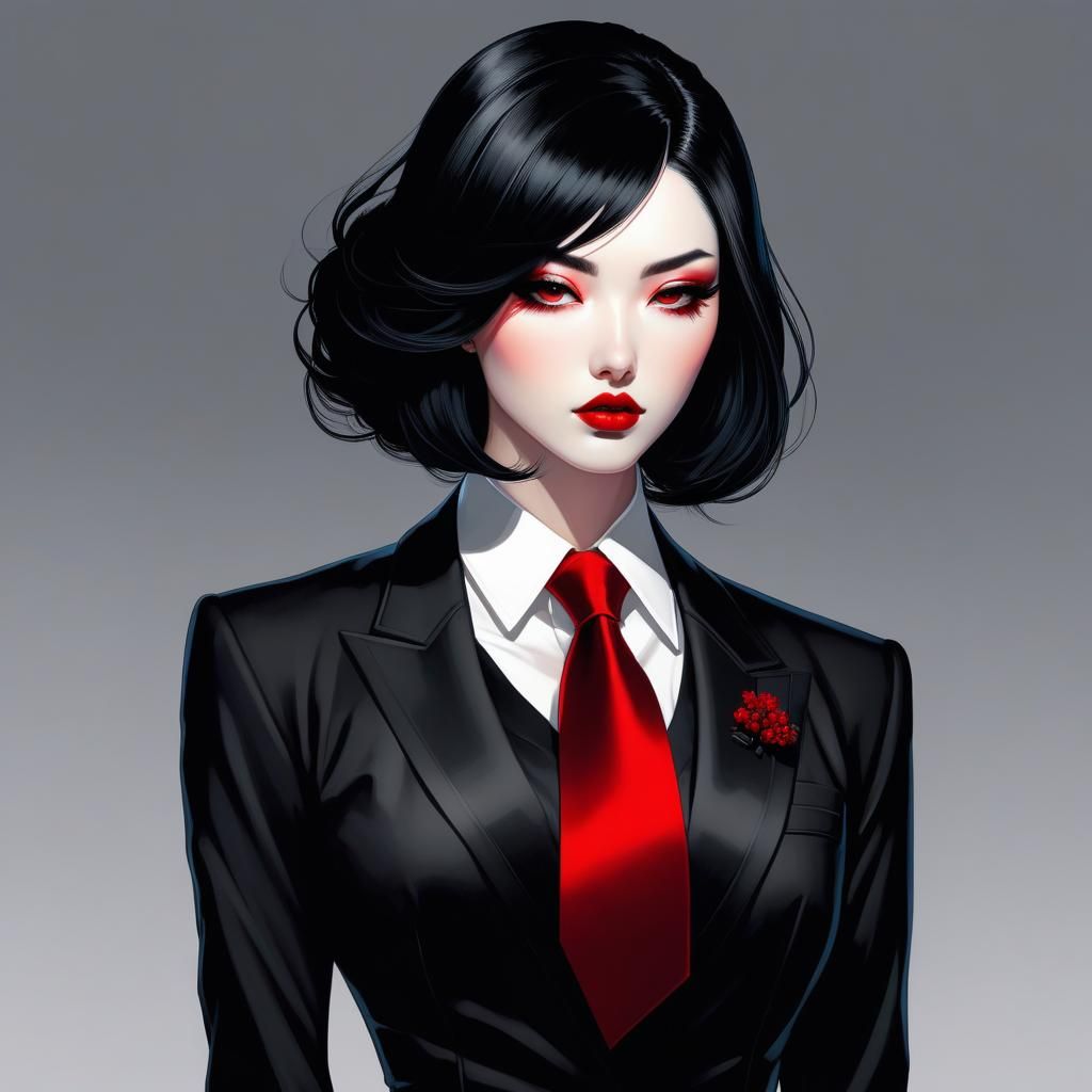 Anime Goth Girl with Red Tie Digital Illustration