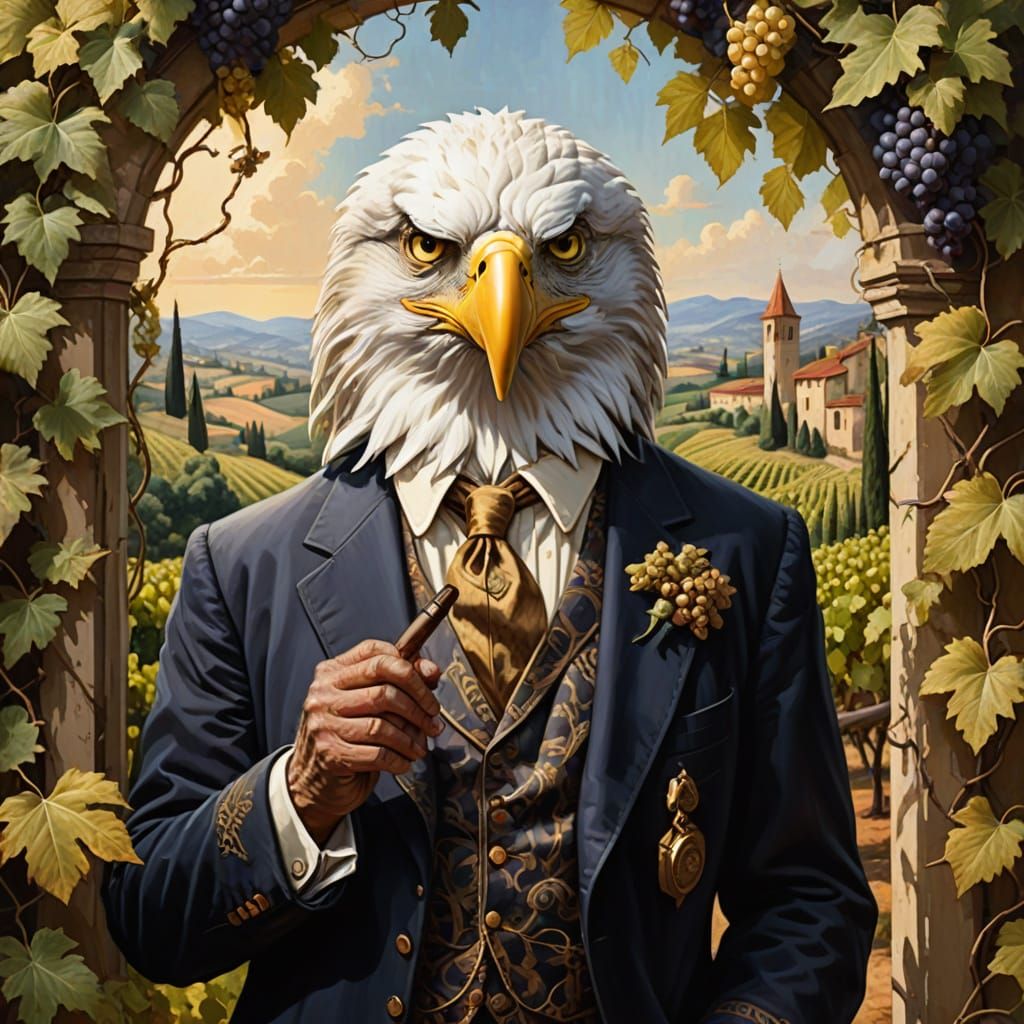 Old Eagle Savoring Italian Cigar in Tuscan Vineyard