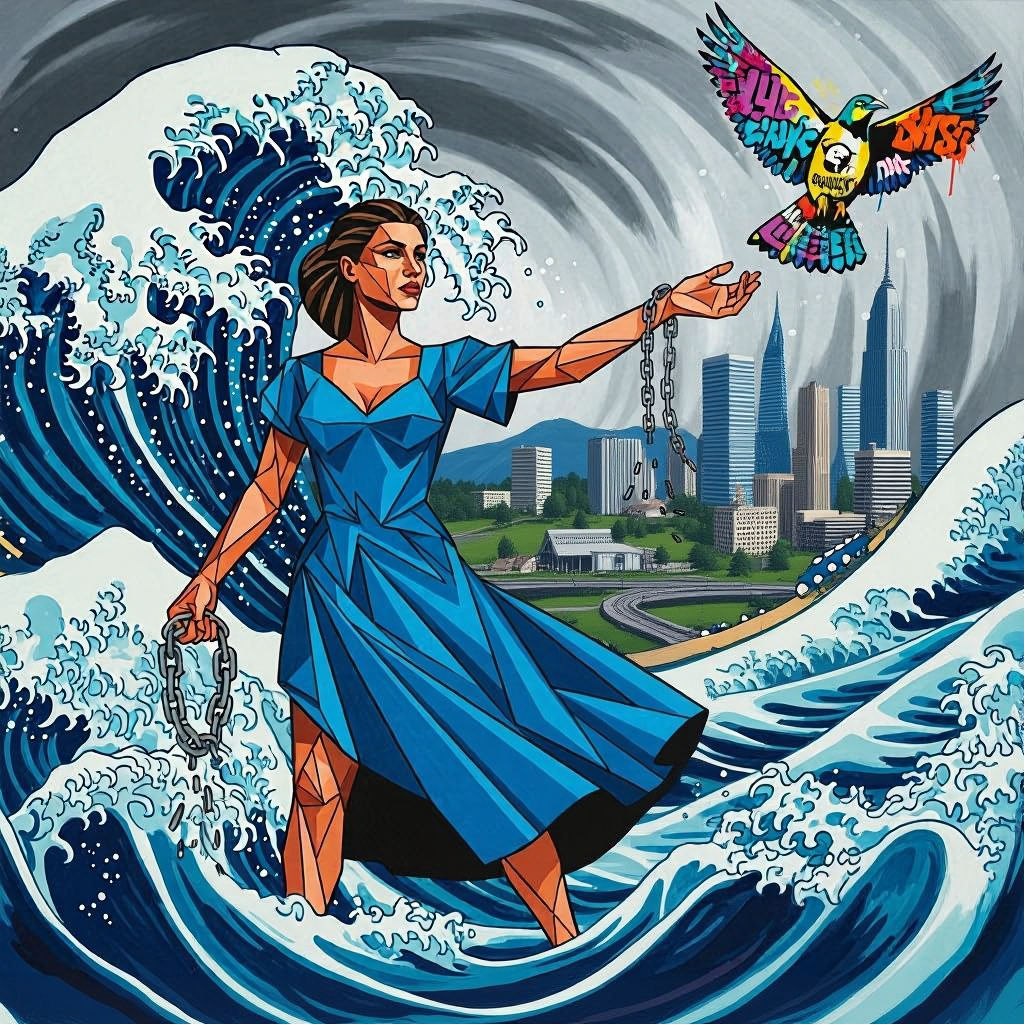 Cubist Ukiyo-e Street Art With Contrasting Light