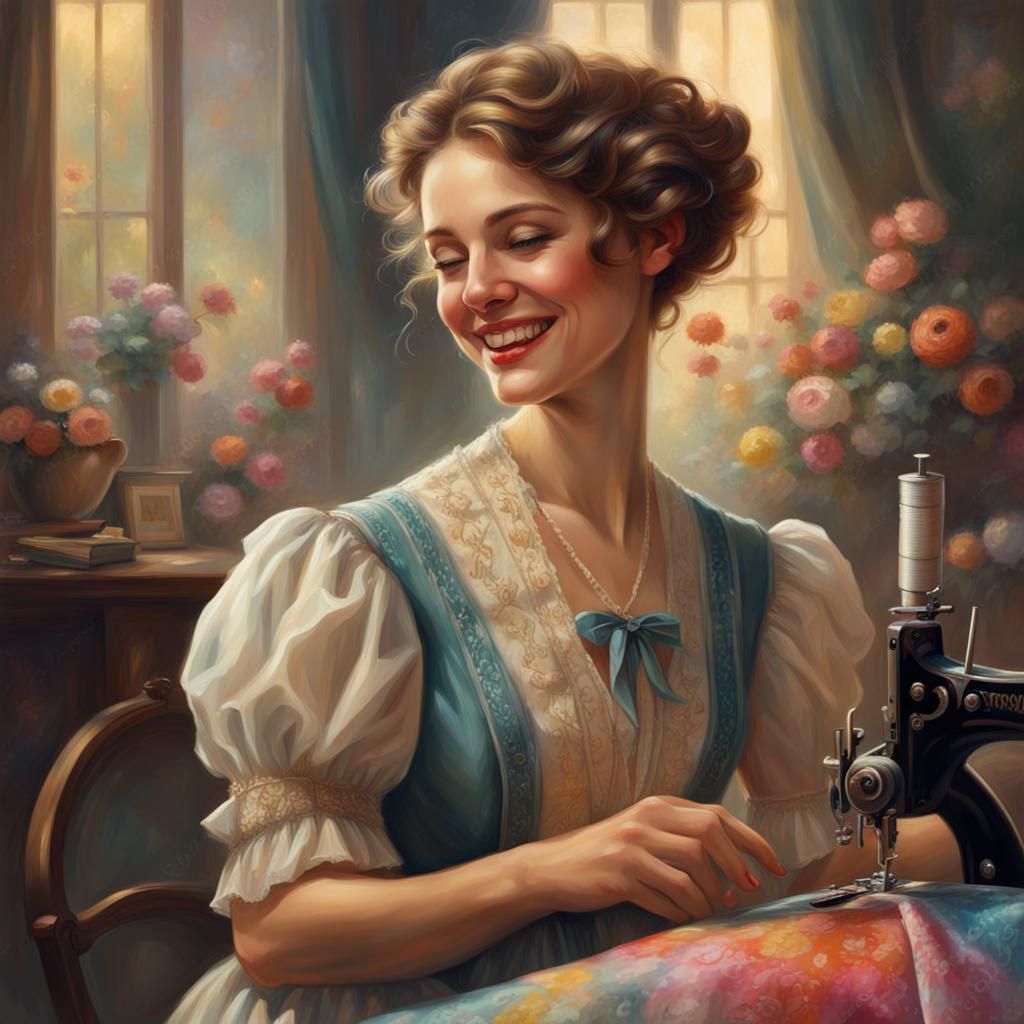 Woman in 1910s Dress Sewing, Academic Art