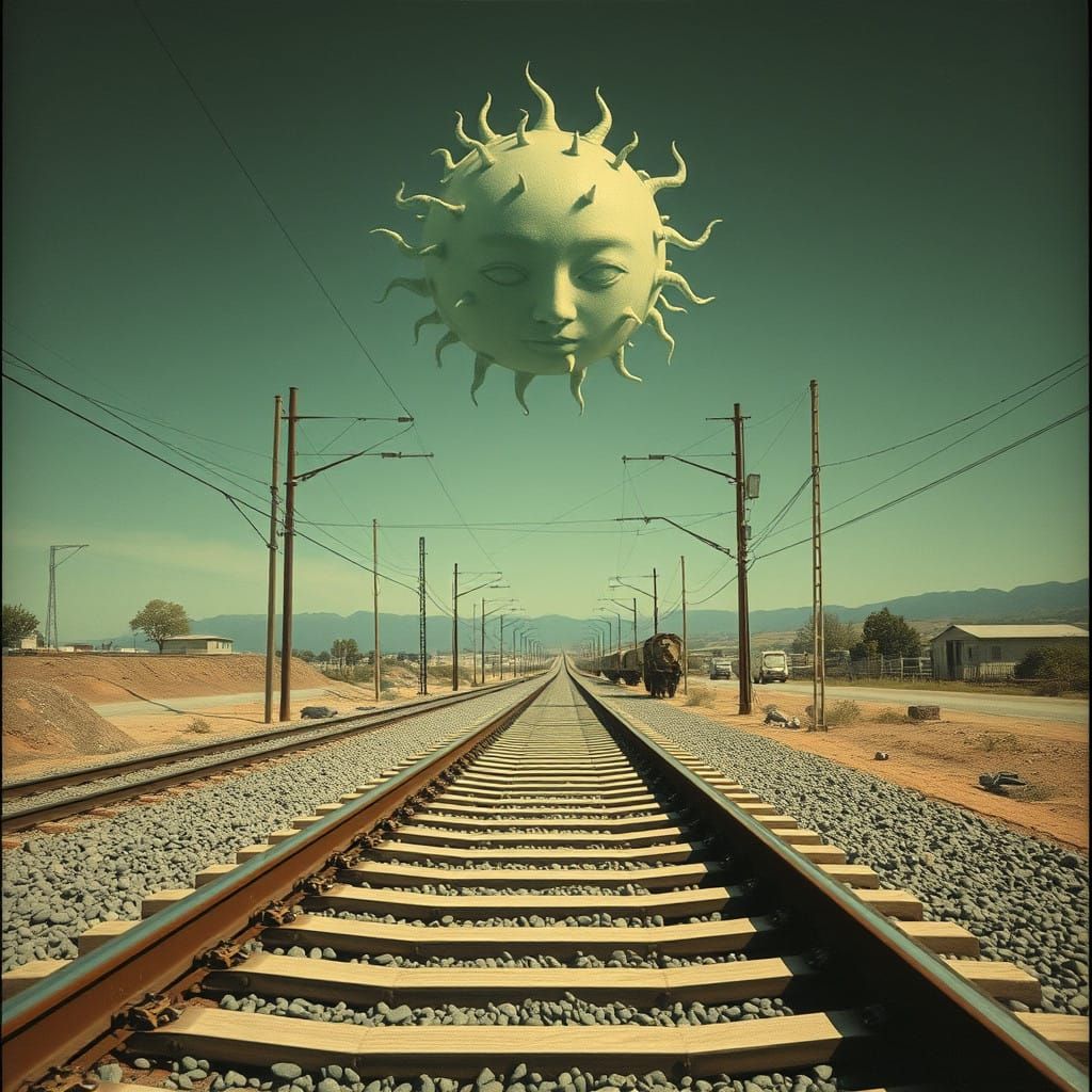 Surreal Train Tracks Scene with Medusa in Vintage Photograph...