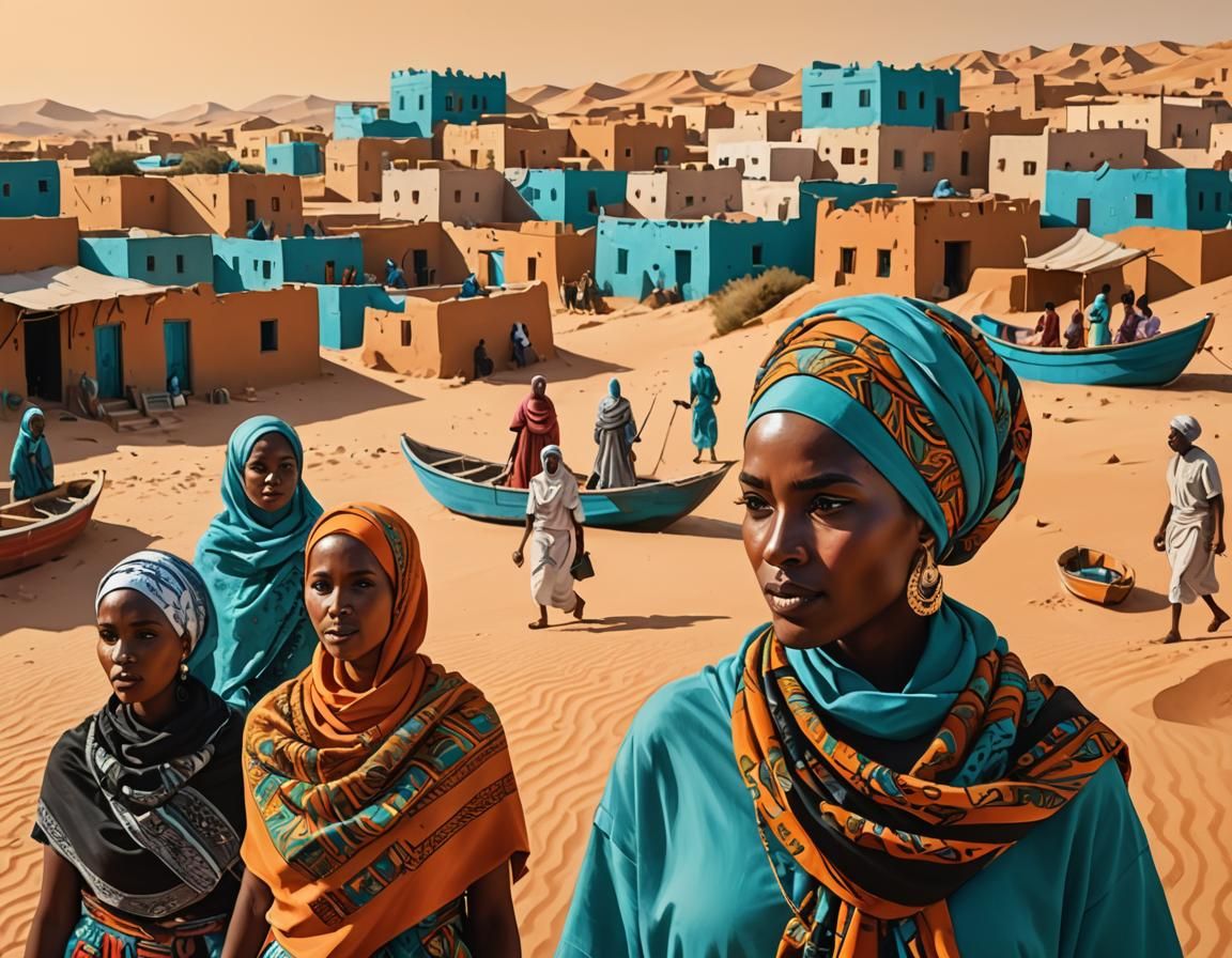 Nubian Village Scene in Abstract Expressionist Style