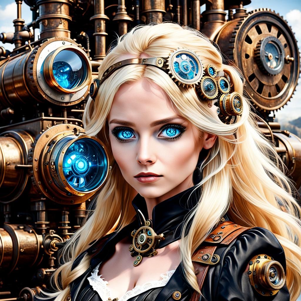 Blue-Eyed Blonde in Steampunk Style Portrait