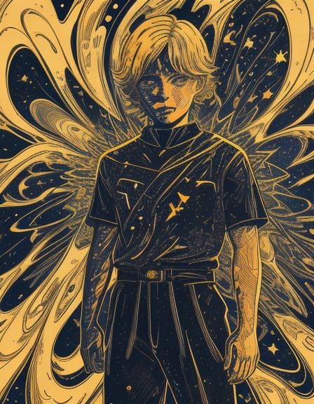 Child Flies Through Nebula in Linocut Style