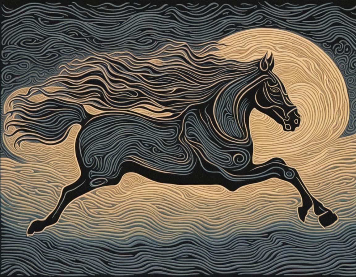 Horse Galloping on Rainy Night: Linocut Art
