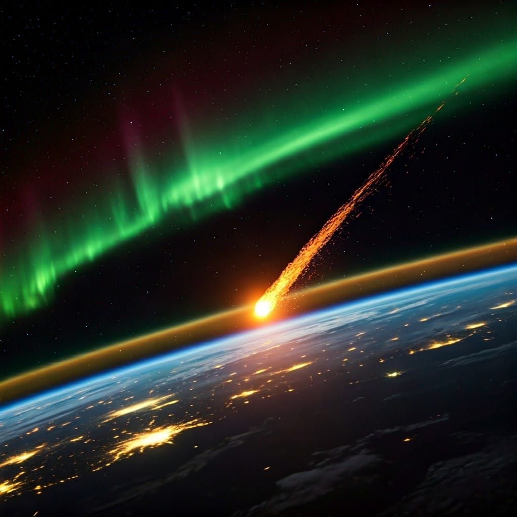 Fiery Comet Plunges Through Aurora Borealis
