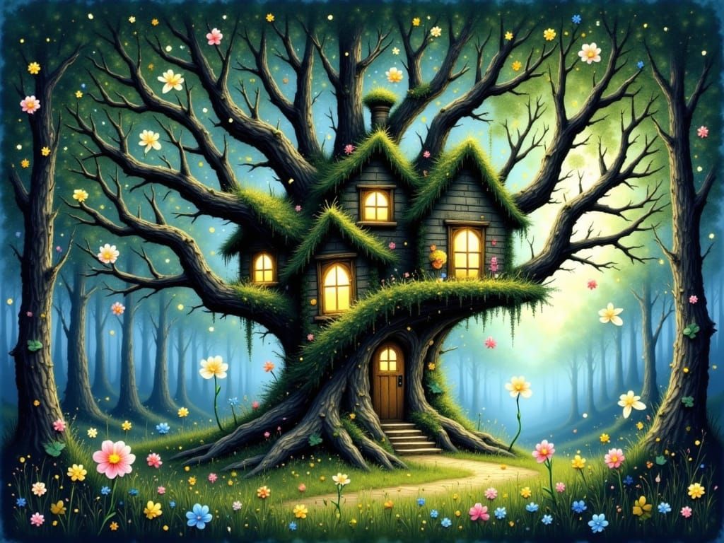 Enchanted Forest Treehouse in Studio Ghibli Style
