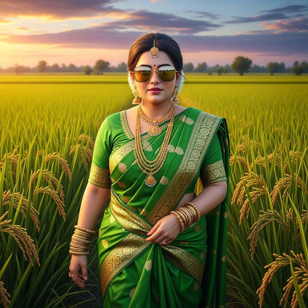 Indian Woman in Green Saree: Hyperrealistic Paddy Field Scen...