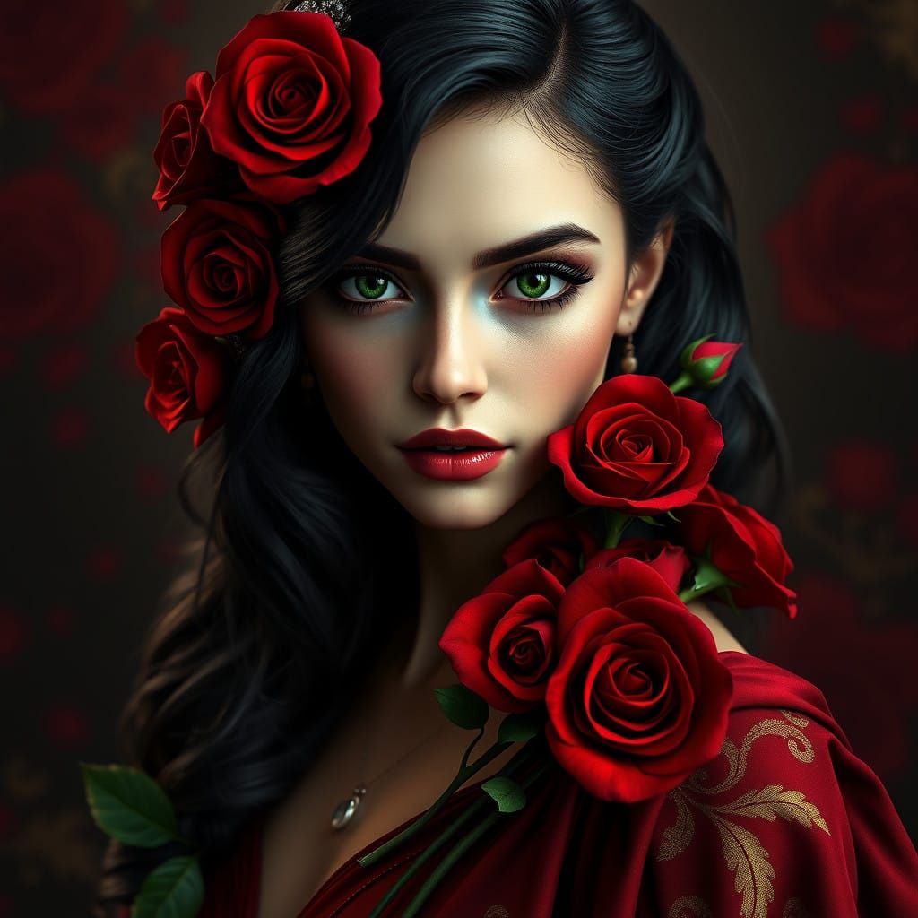 Mysterious Woman in Crimson Gown with Dark Red Roses