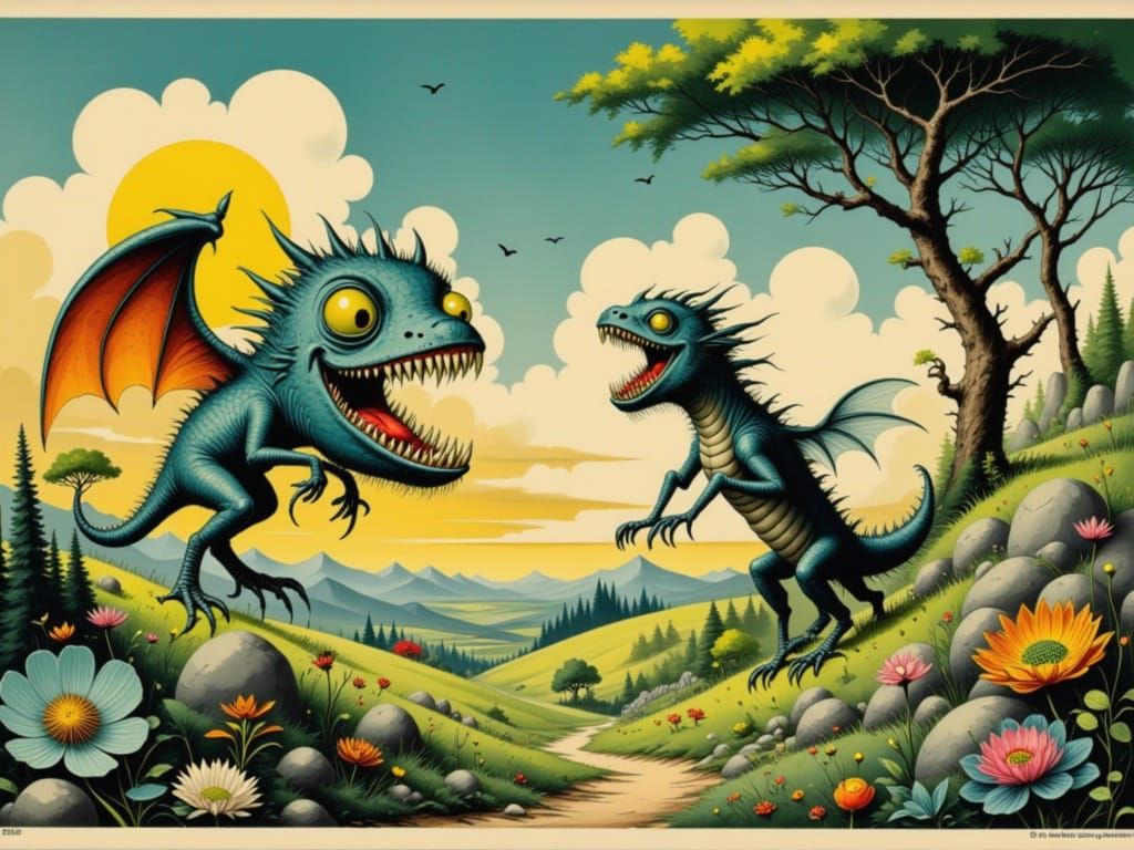 Mythical Snallygaster Meets Whimsical Jabberwocky