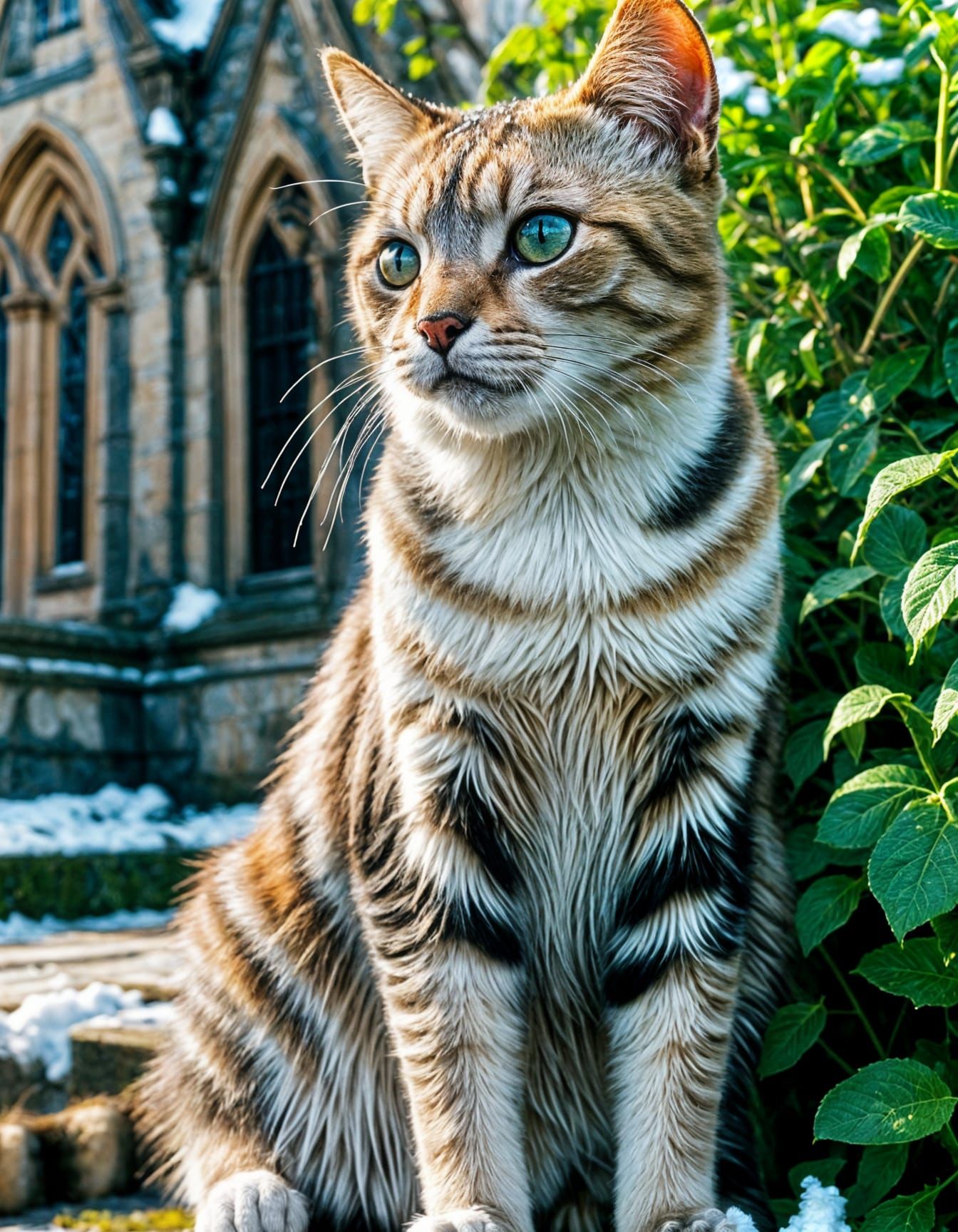 Striped Cat in Snowy Gothic Landscape