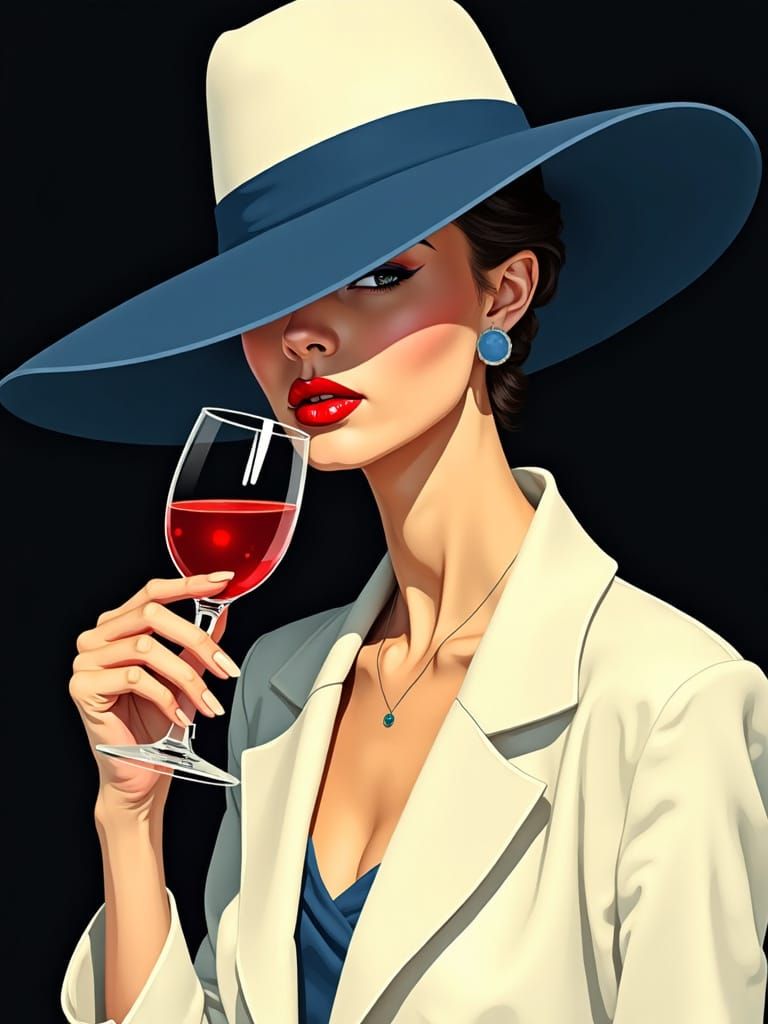 Sultry Woman in Wide-Brimmed Hat Radiates Mystery and Elegan...