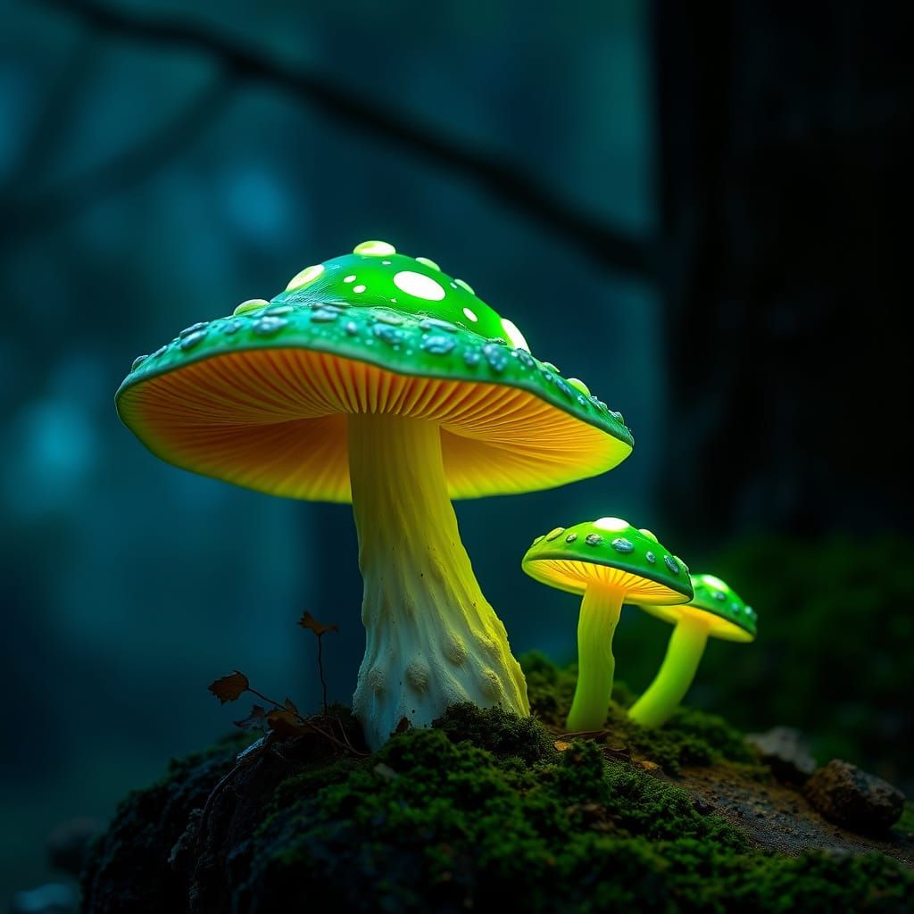 Luminous Emerald Guardian Amidst Vibrant Fungi