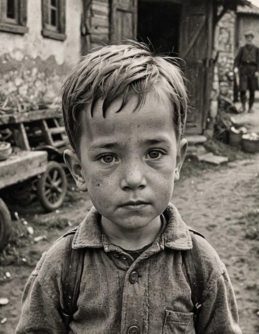 Retro Black and White Portrait of a Peasant Boy