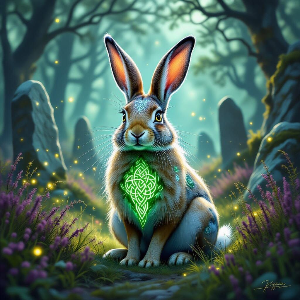 Mystical Celtic Hare in Moonlit Forest Clearing