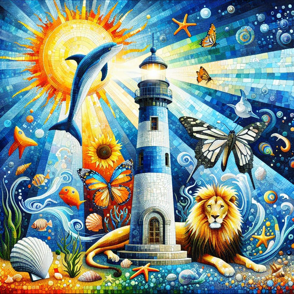Energetic Lighthouse Mosaic with Marine Life and Lion