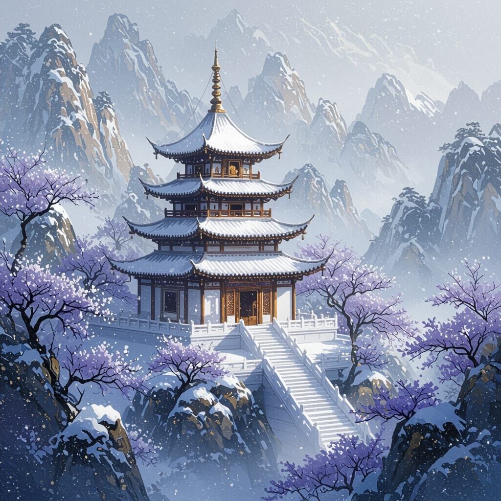Shimmering Pagoda in Snowy Landscape, High Fantasy