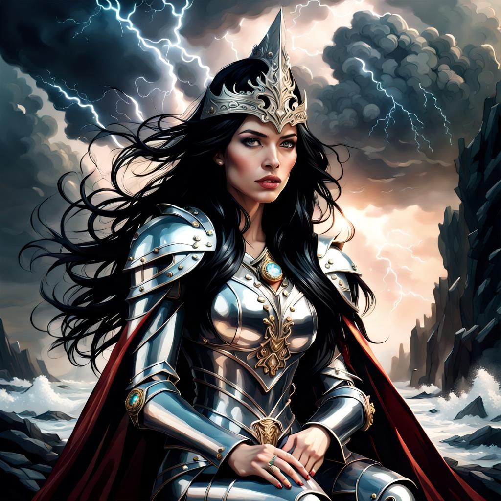 Beautiful Armored Woman in Epic Storm Scene