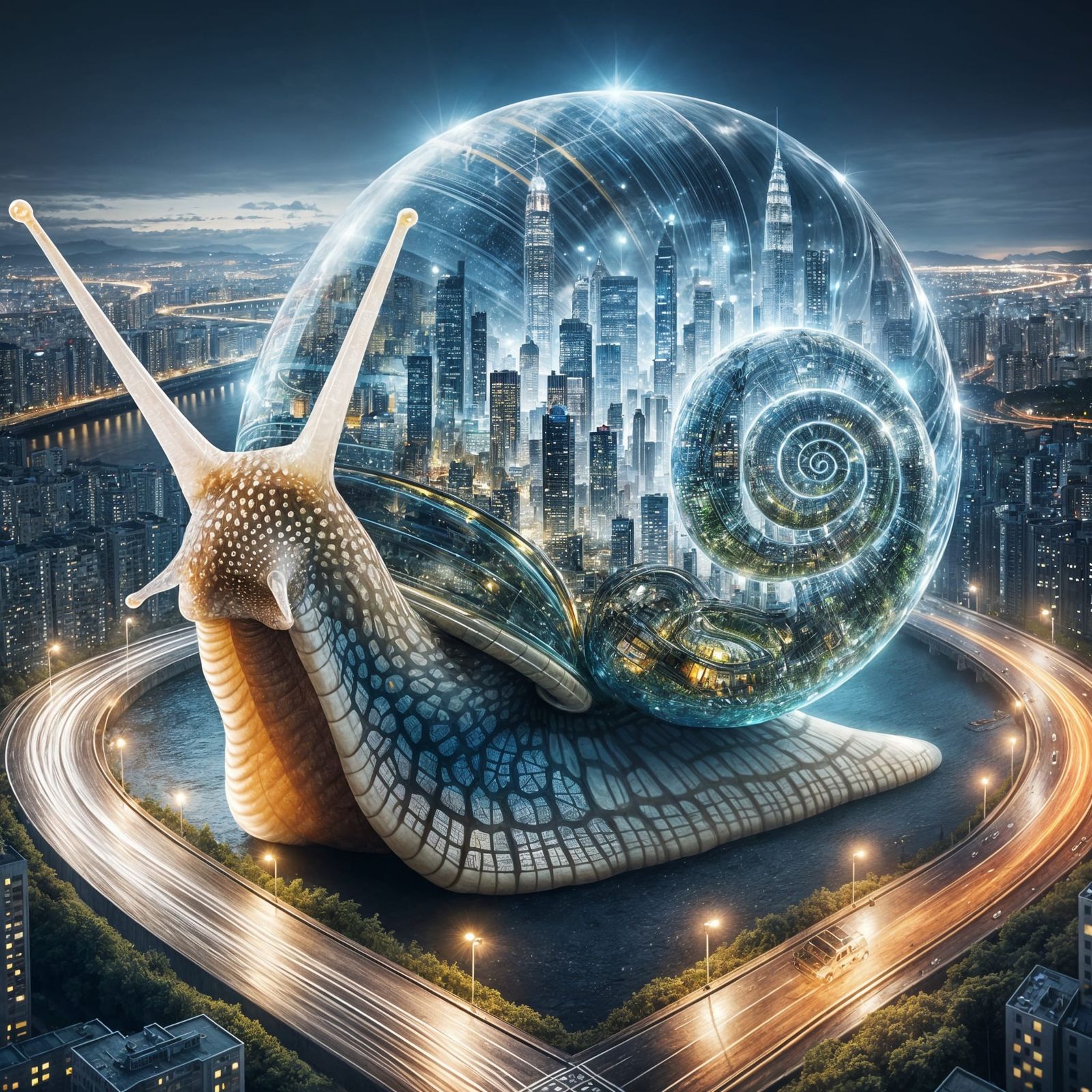 Glass Snail Encapsulating a Miniature City