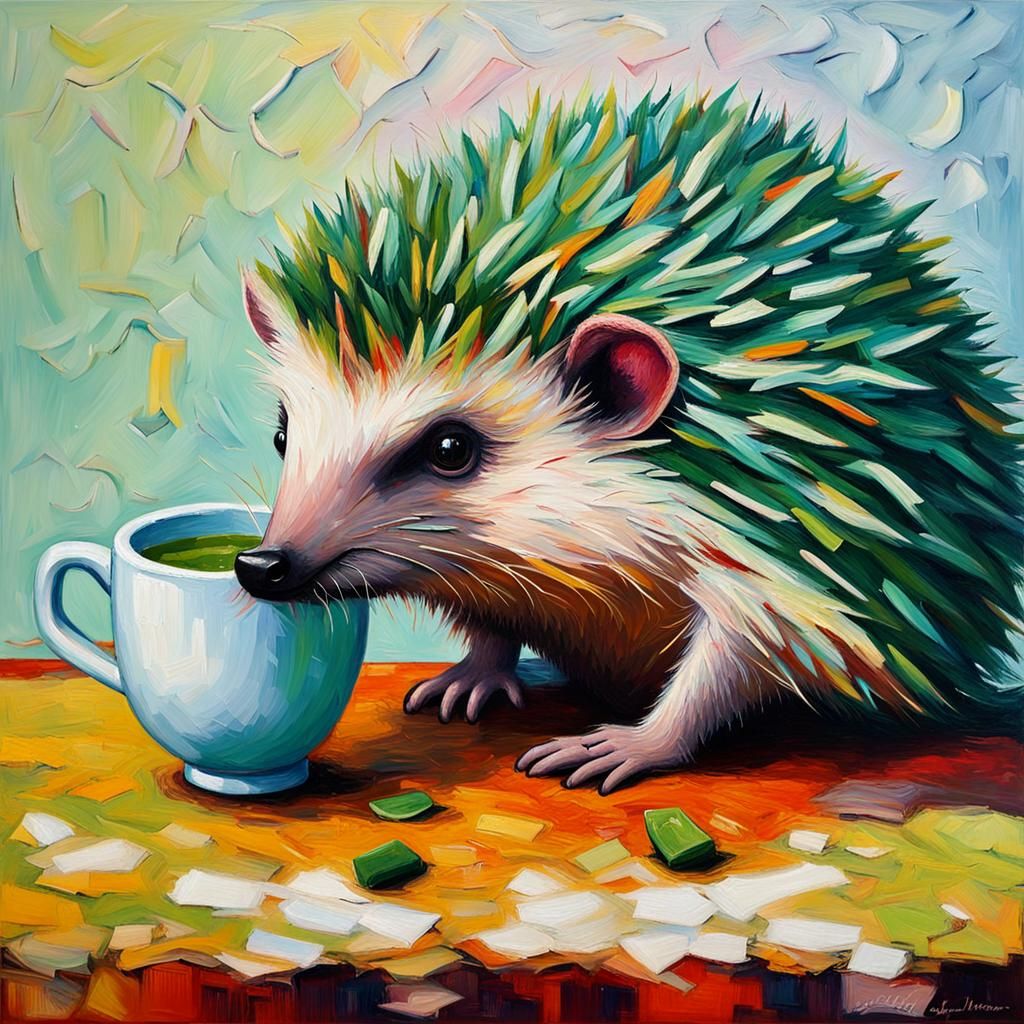 Green Hedgehog Sipping Tea: Neo-Impressionist Oil Painting