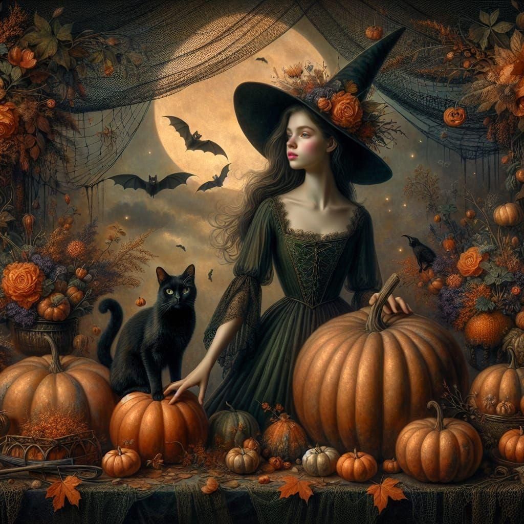 Halloween Witch and Cat in Dutch Still-Life Style