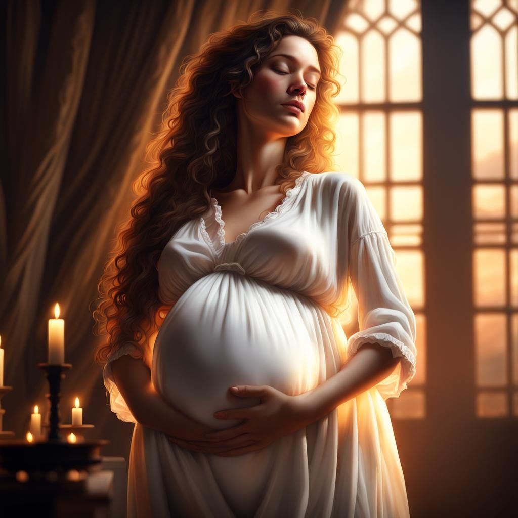 Pregnant Woman Asleep in Castle Room, Hyperrealistic
