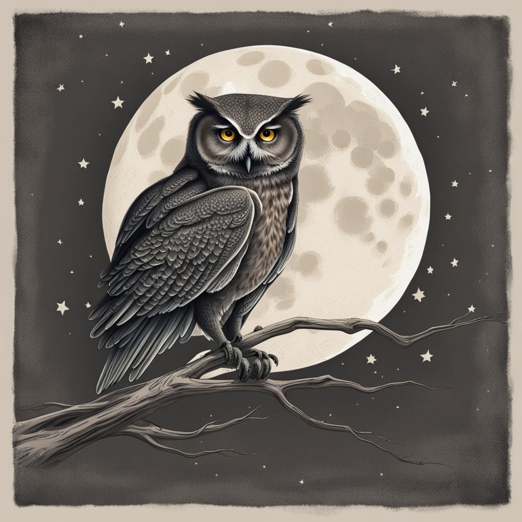 Owl Gazing at the Moonlit Sky
