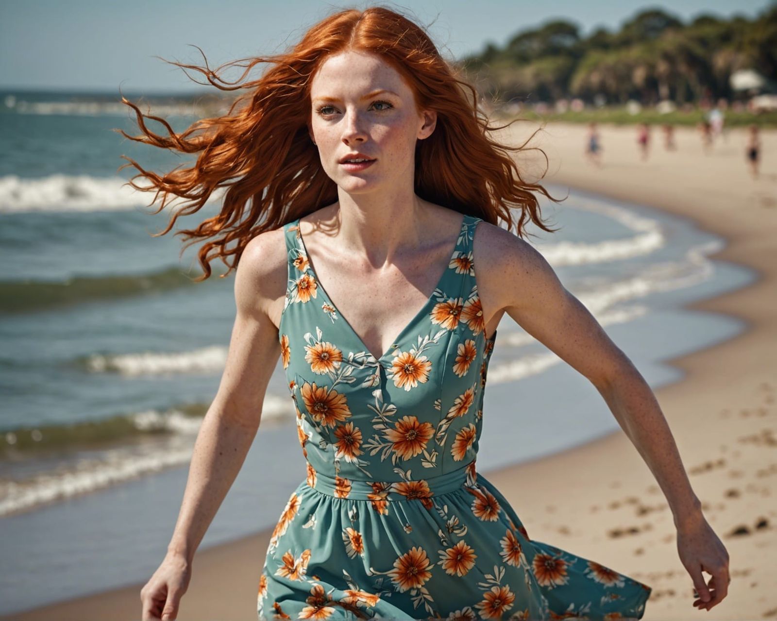 Redhead on Beach in Hyperrealistic Style