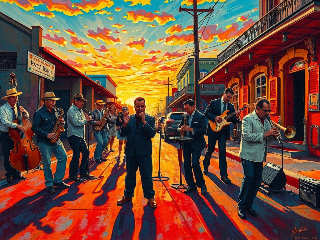 New Orleans Jazz Sunset in Surreal Folk Art Style