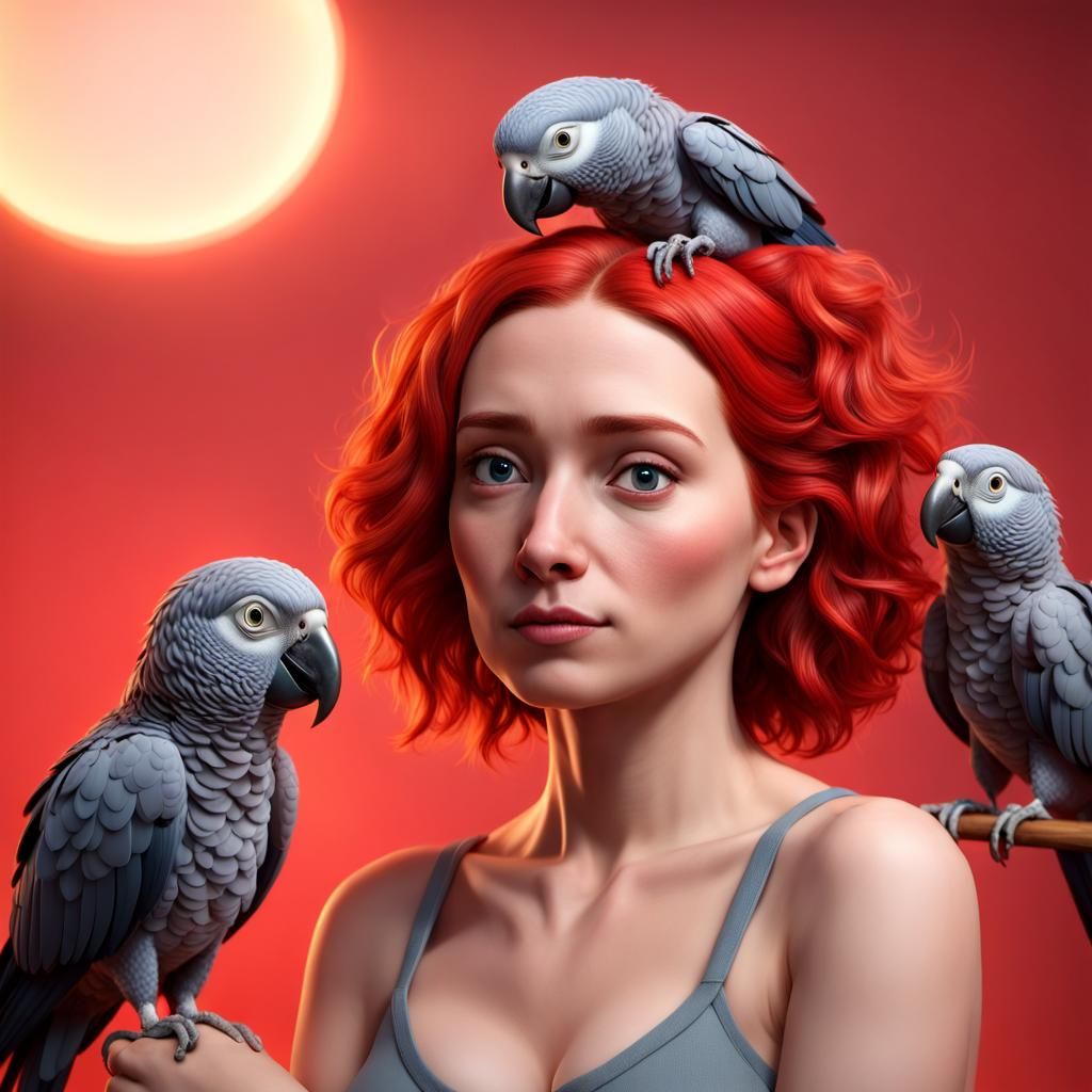 African Grey Parrot on Owner in 3D Digital Art