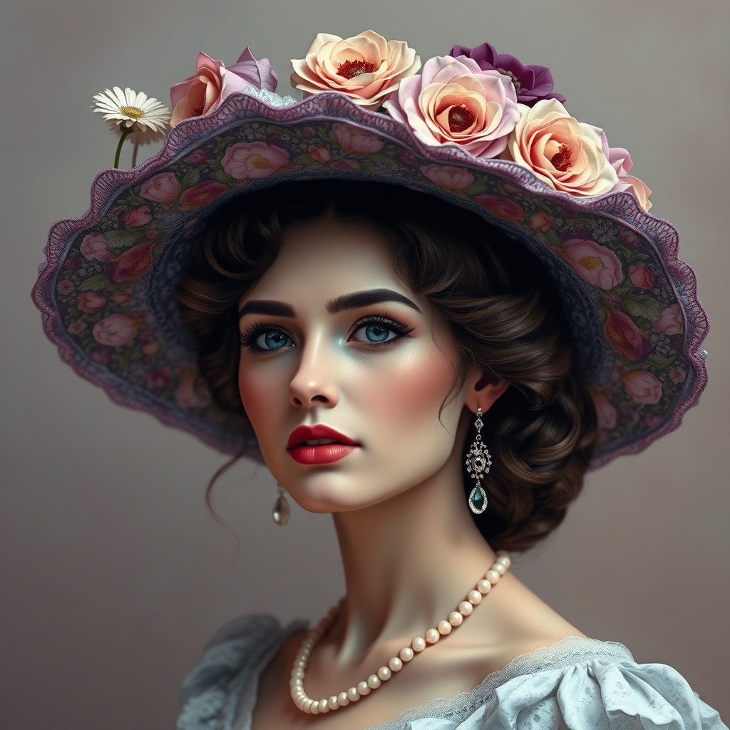Victorian Woman in Floral Hat, Neo-Impressionist Portrait