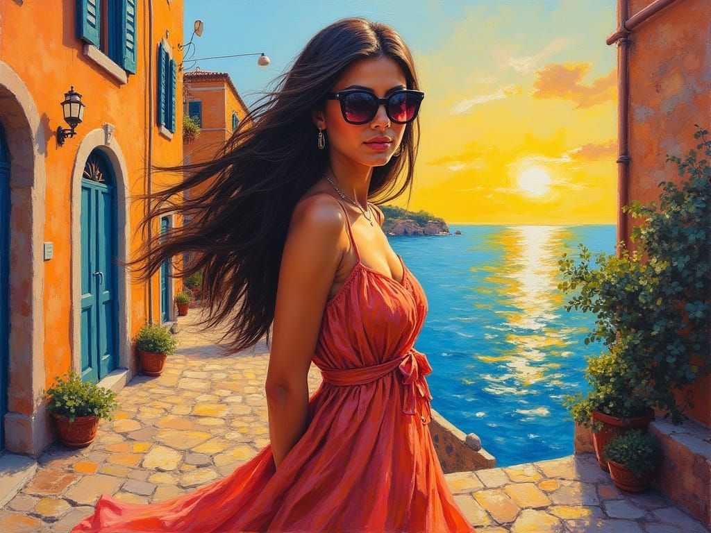 Woman in Seaside Village as Impasto Painting