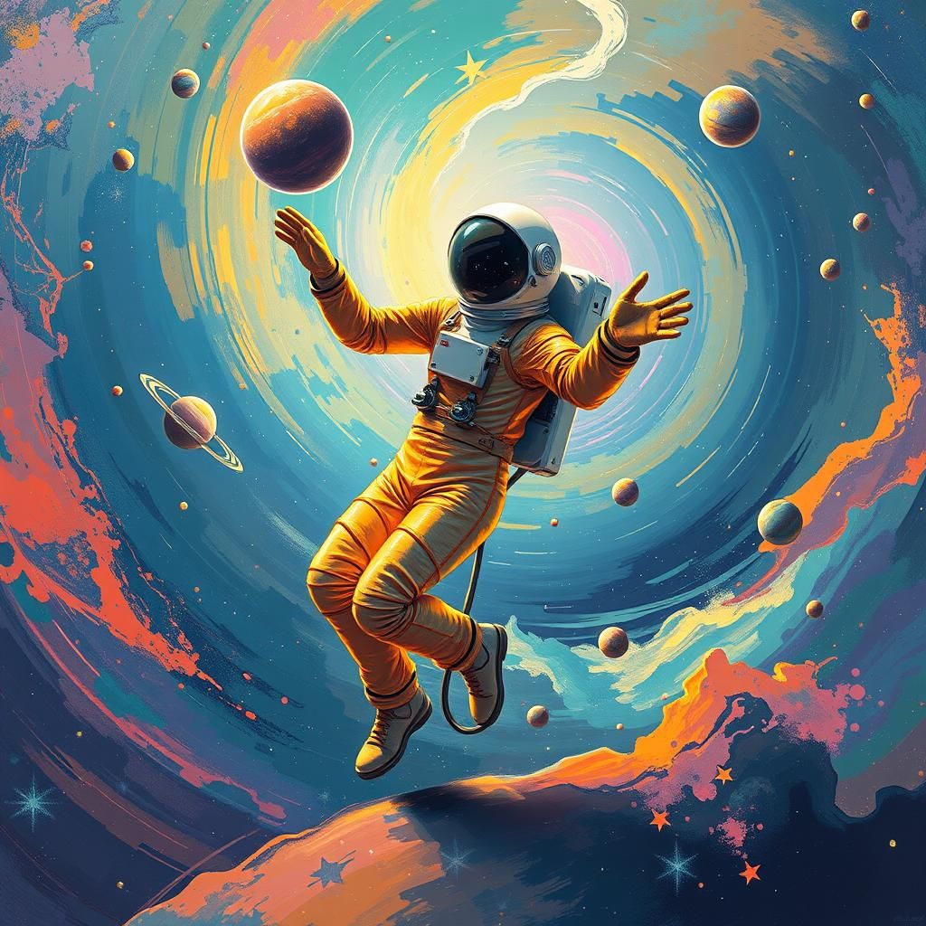 Astronaut Dancing in Nebula: Dreamlike Futuristic Illustrati...